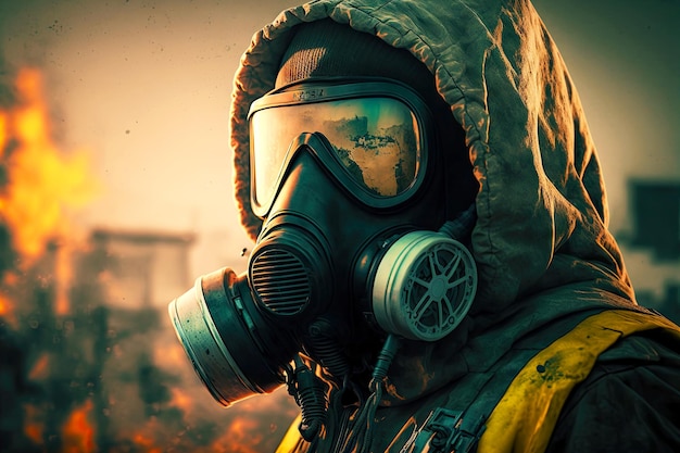 Photo worker in protective suit and gas mask in production with radiation hazard