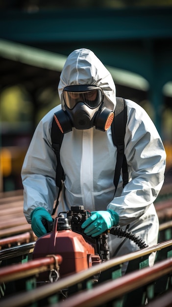 Рабочий в защитном костюме и маске распыляет инсектицид на стальной конструкции вертикальное фото