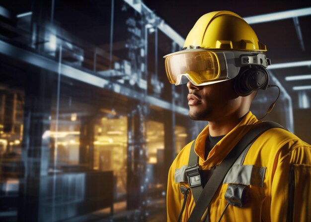 Photo worker in protective yellow attire and futuristic goggles against a modern warehouse facility