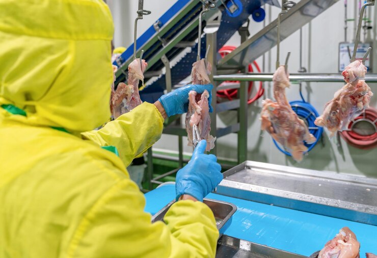Photo worker pulling chicken tenderloin with pliers on chain conveyor in modern factory