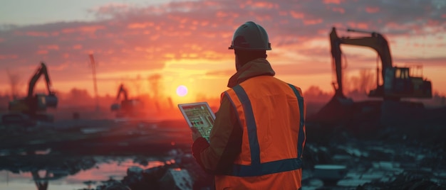 反射ベストを着た労働者が夕暮れの空の光に浴びた建設地帯の背景にあるタブレット上の計画を検査しています