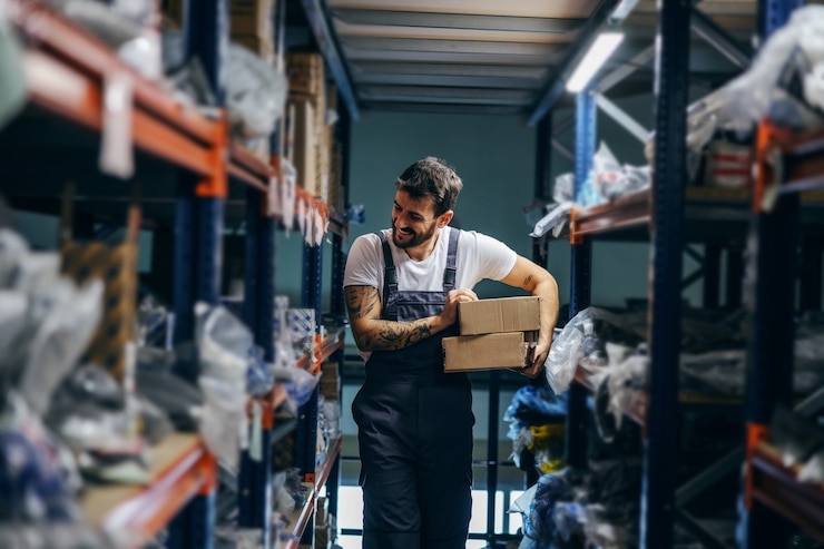 Photo worker relocating boxes while walking in storage of import and export firm