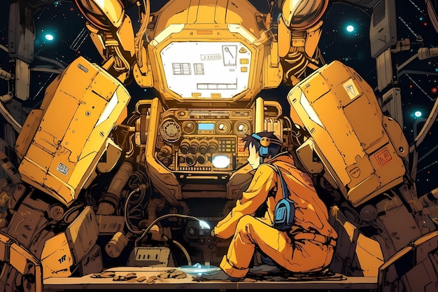 A worker repairing a damaged spaceship digital art illustration