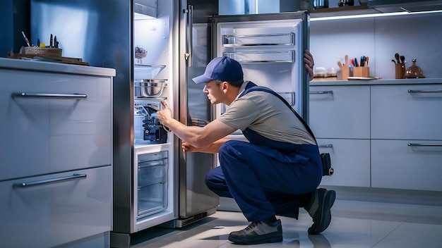 Worker repairing fridge in kitchen