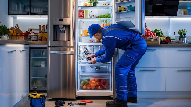 Рабочий ремонтирует холодильник на кухне