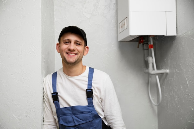 Worker repairing water heater