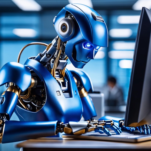 Рабочие роботы работают в офисе и смотрят