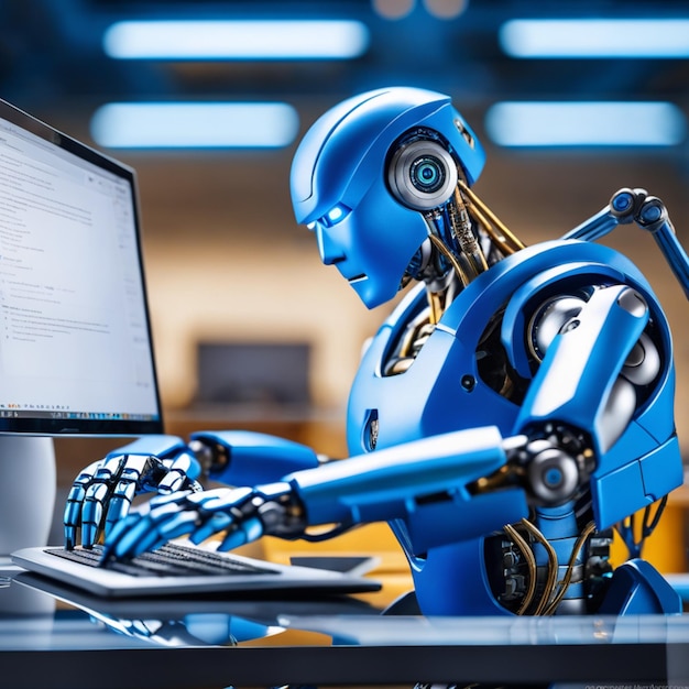 Worker Robots working at the office and staring