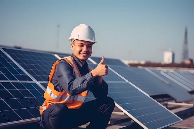 A worker on rooftop kneeling next to solar photovoltaic panels with tablet in hands and giving thumb up for sustainable life Generative Ai