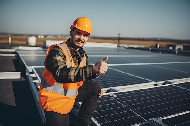 タブレットを手に太陽光発電パネルの横にひざまずき、持続可能な生活のために親指を立てている屋上の労働者 Generative Ai