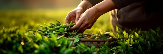 Руки рабочего тщательно собирают яркие зеленые чайные листья на благоустроенной чайной плантации