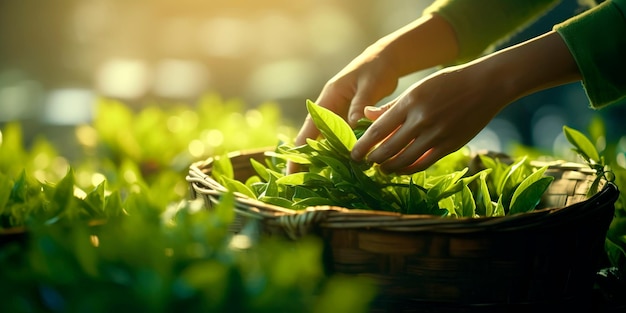 Foto le mani del lavoratore raccolgono meticolosamente le foglie di tè verde vibranti in una piantagione di tè ben curata