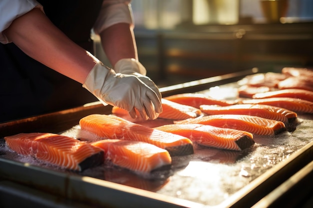 Worker's hands process salmon steak on ice Chilled fish at a fish processing plant Ice and salmon Salmon fillets