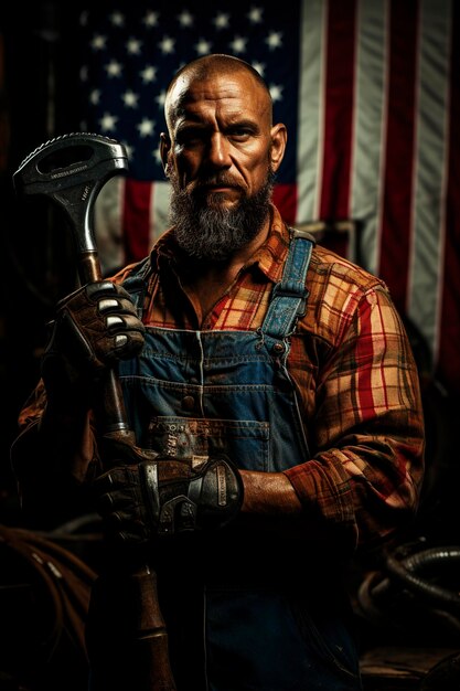 A worker's uniform and a stoic stance against the American flag showcase a patriotic man's commitment This image captures the essence of American labor and fidelity