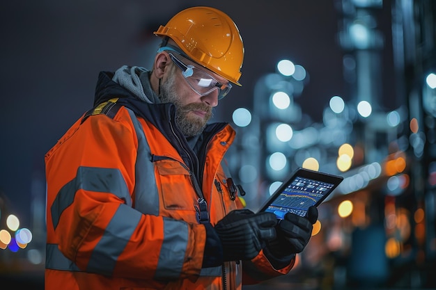 Foto lavoratore in attrezzatura di sicurezza che utilizza un tablet per monitorare le attività notturne in un impianto industriale
