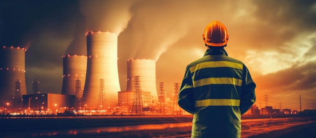 Worker in safety jacket and helmet looks at the nuclear power plant with steaming cooling towers Generative AI