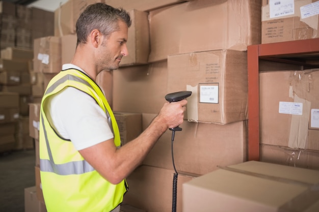 Photo worker scanning package in warehouse