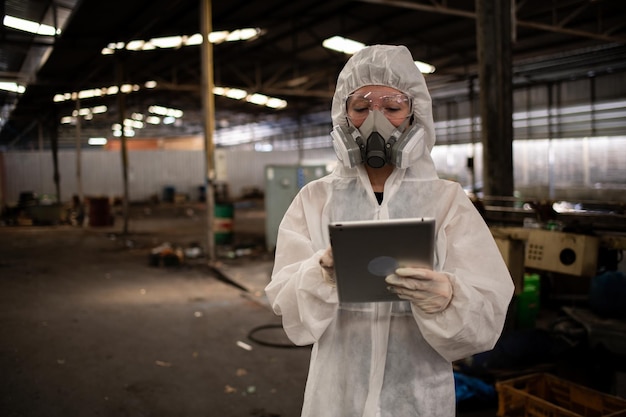 Worker or scientist industry wearing protective safety uniform white glove and gas mask under clean