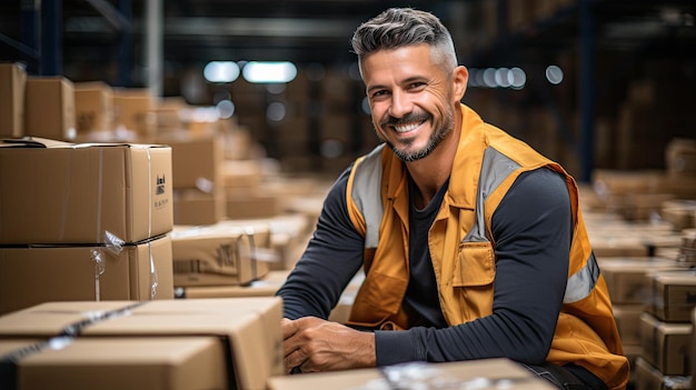 a worker sealing cardboard boxes in big storage modern warehouse