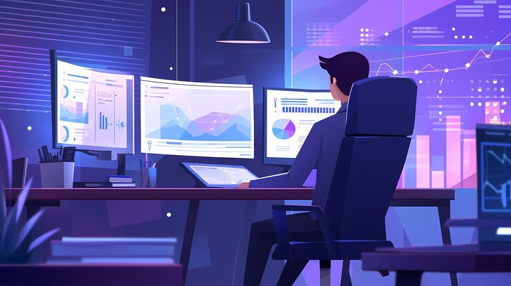 Photo worker sitting in office computer flat vector illustration worker scene for online platform products