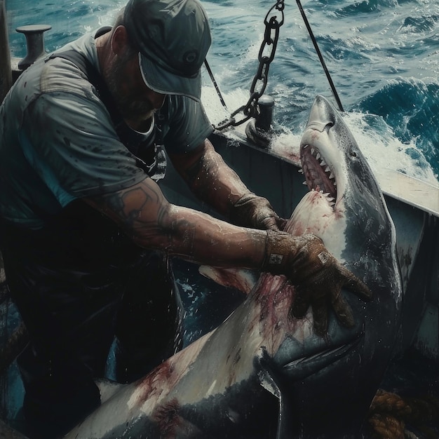 船 の 甲板 で サメ を 熟練 し て 切り裂く 作業 者 は,海鮮 の 収 の 労働 密集 的 な 過程 を 示し て い ます