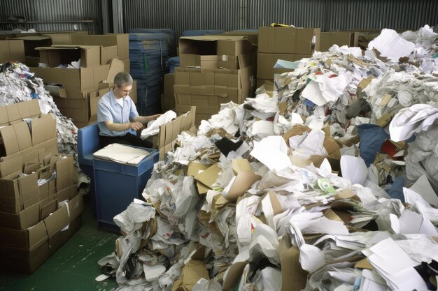 Worker sorting through piles of paper for recycling created with generative ai