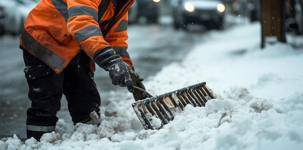 Worker in specialized clothing removes snow from sidewalk after snowstorm hits the city