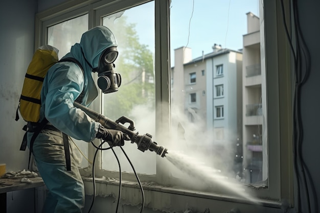 Worker Spraying Pesticide On A Window Corner