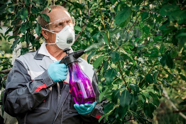 Photo worker sprays organic pesticides on plants