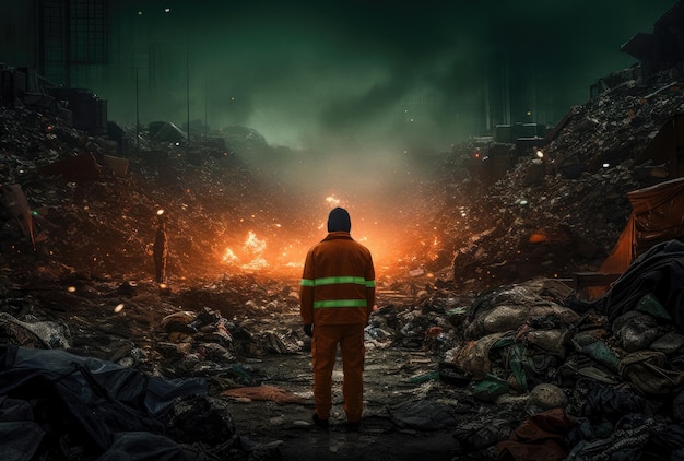 Worker standing in front of a lot of garbage