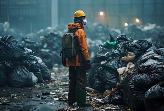 Worker standing in front of a lot of garbage