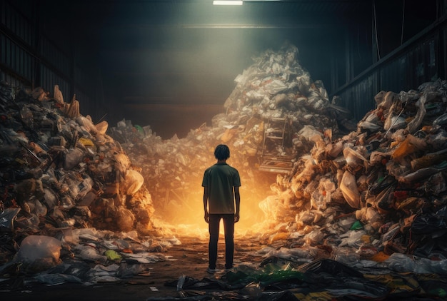 Worker standing in front of a lot of garbage