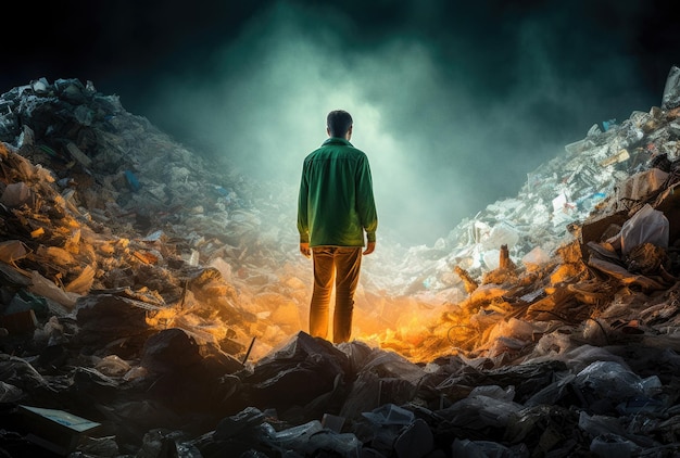 Worker standing in front of a lot of garbage