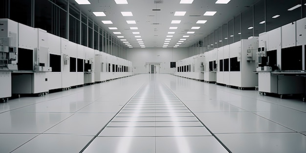 Photo a worker standing into an endless semi conductor factory clean room ai generated
