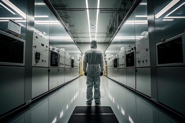 A worker standing into an endless semi conductor factory clean room AI Generated