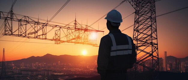 Photo a worker stands on a construction site at sunset