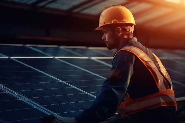 Worker during a sunset Engineer and solar panel in construction for renewable energy electricity or