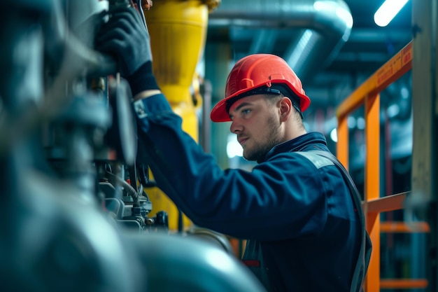 Worker supervisor in district heating plant doing quality control and inspection of pipes and valves