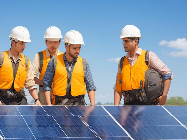 Worker team with solar panel