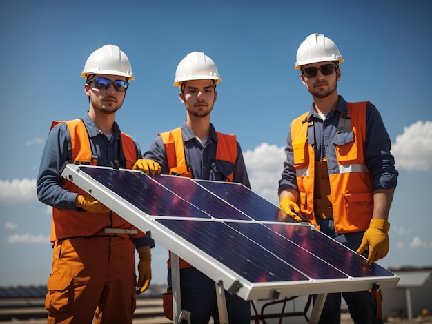 Worker team with solar panel