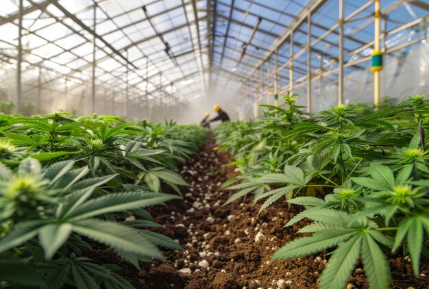 Photo worker tends to cannabis plants in greenhouse