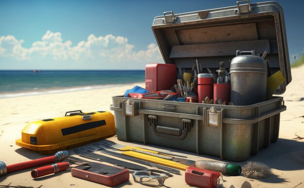 worker tools on the sunny beach 3D render