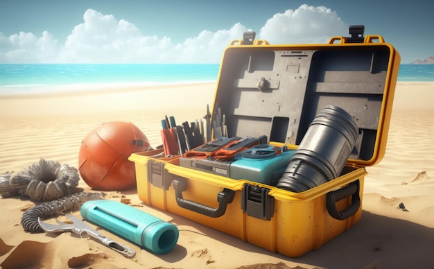 worker tools on the sunny beach 3D render