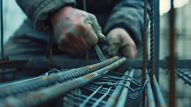 Photo a worker uses steel tying wire to fasten steel rods to reinforcement bars closeup re generative ai