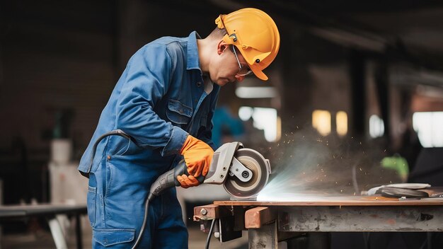 Worker using angle grinder