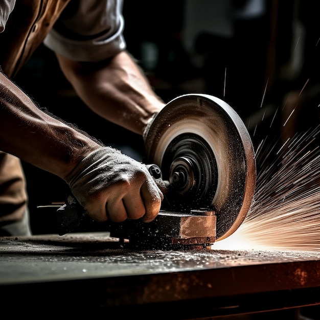 Worker Using Circular Grinder on Metal