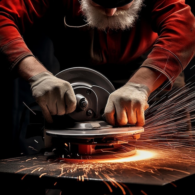 Worker Using Circular Grinder on Metal