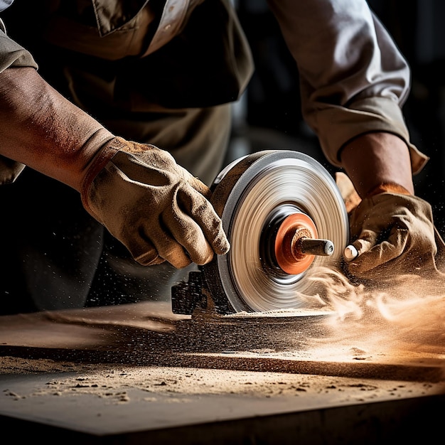 Photo worker using circular grinder on metal