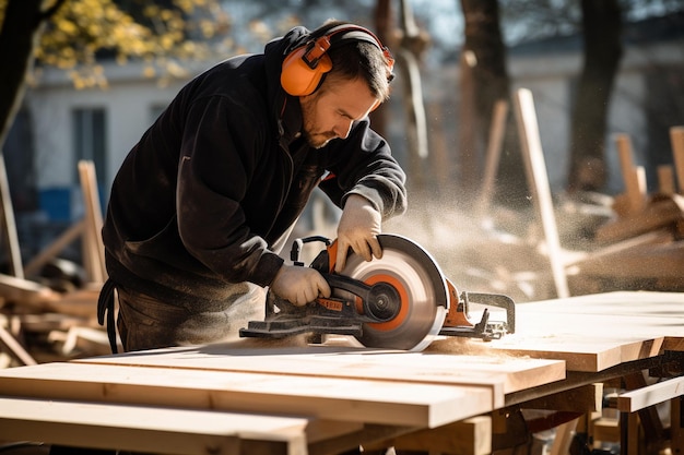 Worker using a circular saw to cut a wooden board at a construction site