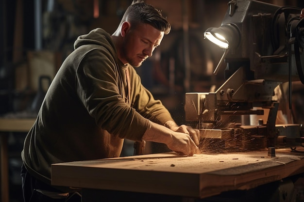 Foto lavoratore che usa una sega circolare per tagliare una tavola di legno in un cantiere